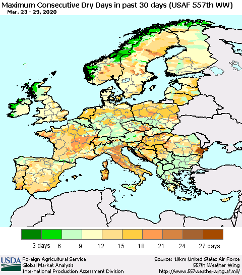 Europe Maximum Consecutive Dry Days in past 30 days (USAF 557th WW) 03/29/2020 Thematic Map For 3/23/2020 - 3/29/2020