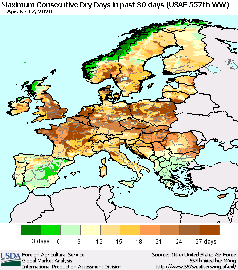 Europe Maximum Consecutive Dry Days in past 30 days (USAF 557th WW) 04/12/2020 Thematic Map For 4/6/2020 - 4/12/2020