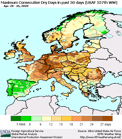 Europe Maximum Consecutive Dry Days in past 30 days (USAF 557th WW) 04/26/2020 Thematic Map For 4/20/2020 - 4/26/2020