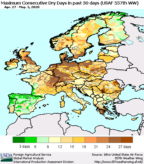 Europe Maximum Consecutive Dry Days in past 30 days (USAF 557th WW) 05/03/2020 Thematic Map For 4/27/2020 - 5/3/2020