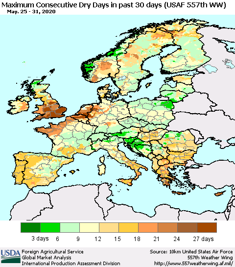 Europe Maximum Consecutive Dry Days in past 30 days (USAF 557th WW) 05/31/2020 Thematic Map For 5/25/2020 - 5/31/2020