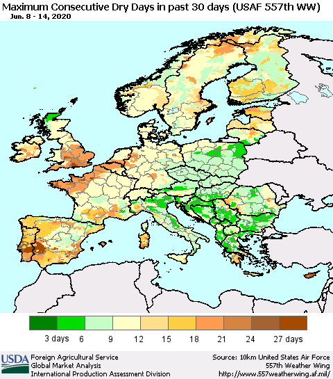 Europe Maximum Consecutive Dry Days in past 30 days (USAF 557th WW) 06/14/2020 Thematic Map For 6/8/2020 - 6/14/2020