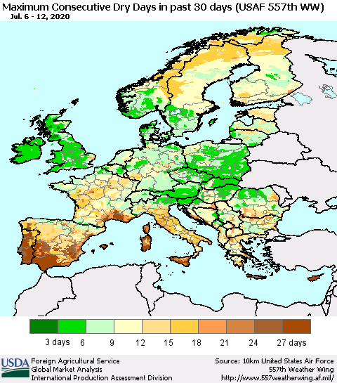 Europe Maximum Consecutive Dry Days in past 30 days (USAF 557th WW) 07/12/2020 Thematic Map For 7/6/2020 - 7/12/2020