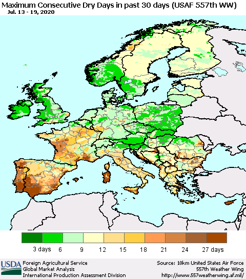 Europe Maximum Consecutive Dry Days in past 30 days (USAF 557th WW) 07/19/2020 Thematic Map For 7/13/2020 - 7/19/2020