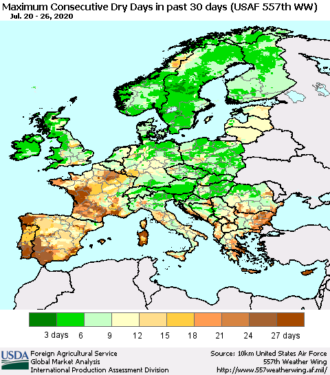 Europe Maximum Consecutive Dry Days in past 30 days (USAF 557th WW) 07/26/2020 Thematic Map For 7/20/2020 - 7/26/2020
