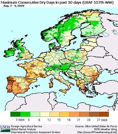Europe Maximum Consecutive Dry Days in past 30 days (USAF 557th WW) 08/09/2020 Thematic Map For 8/3/2020 - 8/9/2020