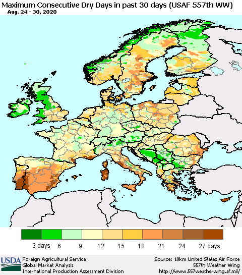 Europe Maximum Consecutive Dry Days in past 30 days (USAF 557th WW) 08/30/2020 Thematic Map For 8/24/2020 - 8/30/2020