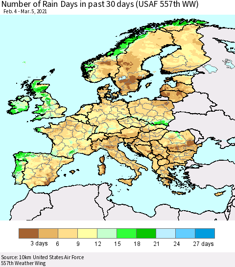 Europe Number of Rain Days in past 30 days (USAF 557th WW) 03/05/2021 Thematic Map For 3/1/2021 - 3/5/2021