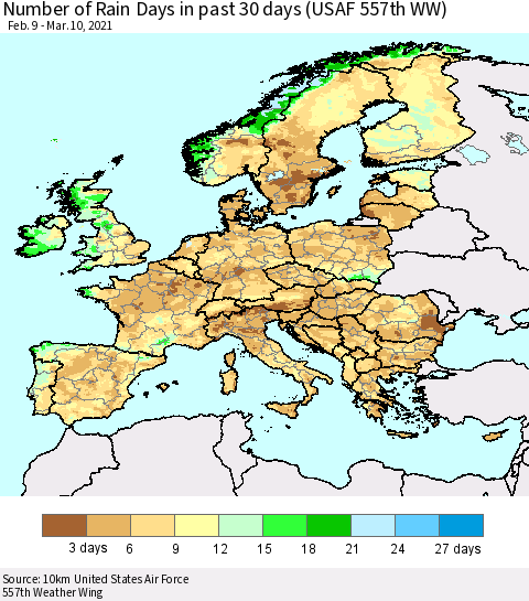 Europe Number of Rain Days in past 30 days (USAF 557th WW) 03/10/2021 Thematic Map For 3/6/2021 - 3/10/2021