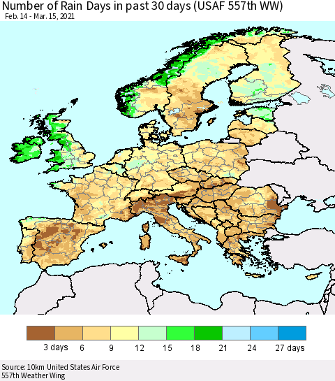 Europe Number of Rain Days in past 30 days (USAF 557th WW) 03/15/2021 Thematic Map For 3/11/2021 - 3/15/2021