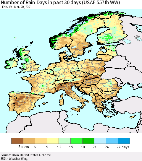 Europe Number of Rain Days in past 30 days (USAF 557th WW) 03/20/2021 Thematic Map For 3/16/2021 - 3/20/2021