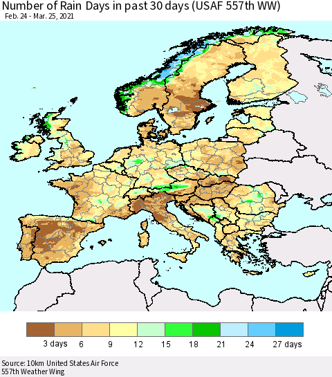 Europe Number of Rain Days in past 30 days (USAF 557th WW) 03/25/2021 Thematic Map For 3/21/2021 - 3/25/2021