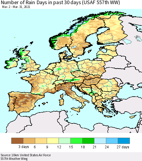 Europe Number of Rain Days in past 30 days (USAF 557th WW) 03/31/2021 Thematic Map For 3/26/2021 - 3/31/2021
