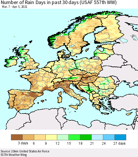 Europe Number of Rain Days in past 30 days (USAF 557th WW) 04/05/2021 Thematic Map For 4/1/2021 - 4/5/2021