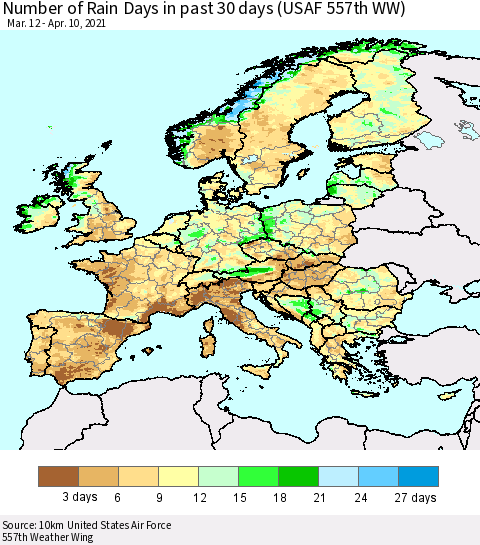 Europe Number of Rain Days in past 30 days (USAF 557th WW) 04/10/2021 Thematic Map For 4/6/2021 - 4/10/2021