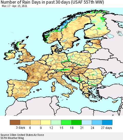 Europe Number of Rain Days in past 30 days (USAF 557th WW) 04/15/2021 Thematic Map For 4/11/2021 - 4/15/2021