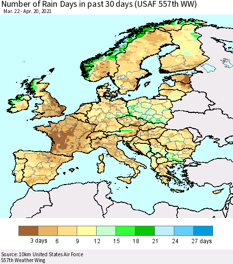 Europe Number of Rain Days in past 30 days (USAF 557th WW) 04/20/2021 Thematic Map For 4/16/2021 - 4/20/2021