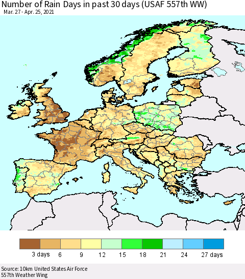 Europe Number of Rain Days in past 30 days (USAF 557th WW) 04/25/2021 Thematic Map For 4/21/2021 - 4/25/2021