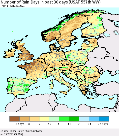 Europe Number of Rain Days in past 30 days (USAF 557th WW) 04/30/2021 Thematic Map For 4/26/2021 - 4/30/2021