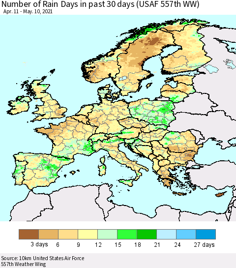 Europe Number of Rain Days in past 30 days (USAF 557th WW) 05/10/2021 Thematic Map For 5/6/2021 - 5/10/2021
