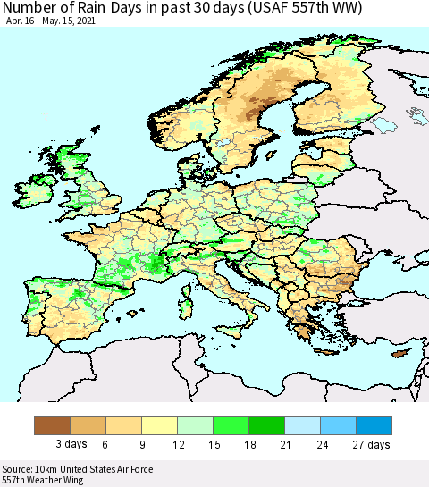Europe Number of Rain Days in past 30 days (USAF 557th WW) 05/15/2021 Thematic Map For 5/11/2021 - 5/15/2021