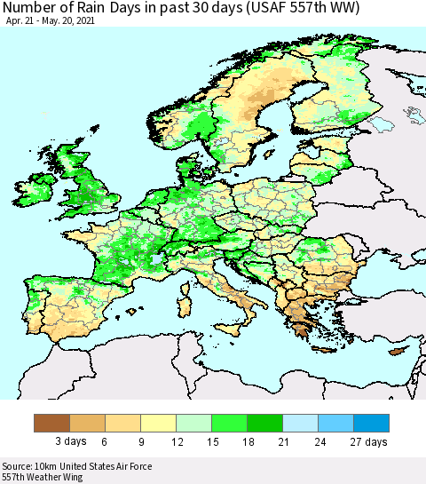Europe Number of Rain Days in past 30 days (USAF 557th WW) 05/20/2021 Thematic Map For 5/16/2021 - 5/20/2021