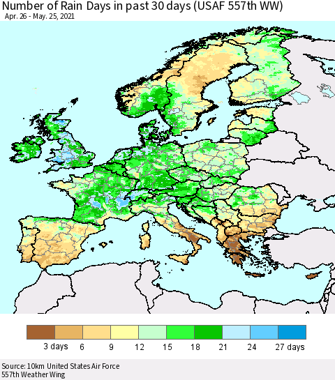 Europe Number of Rain Days in past 30 days (USAF 557th WW) 05/25/2021 Thematic Map For 5/21/2021 - 5/25/2021