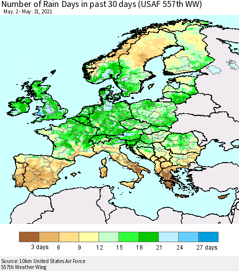 Europe Number of Rain Days in past 30 days (USAF 557th WW) 05/31/2021 Thematic Map For 5/26/2021 - 5/31/2021