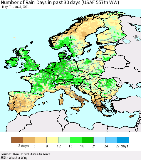 Europe Number of Rain Days in past 30 days (USAF 557th WW) 06/05/2021 Thematic Map For 6/1/2021 - 6/5/2021