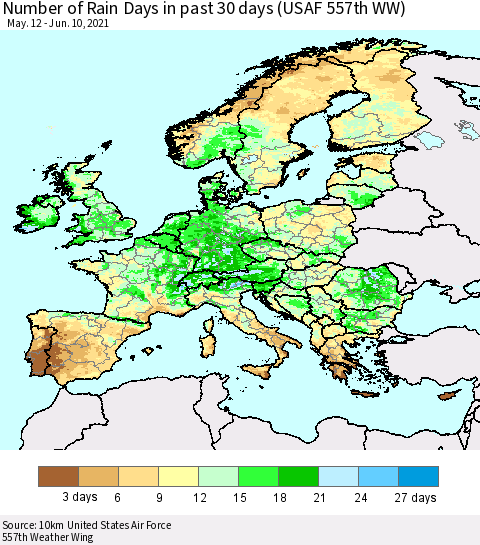 Europe Number of Rain Days in past 30 days (USAF 557th WW) 06/10/2021 Thematic Map For 6/6/2021 - 6/10/2021