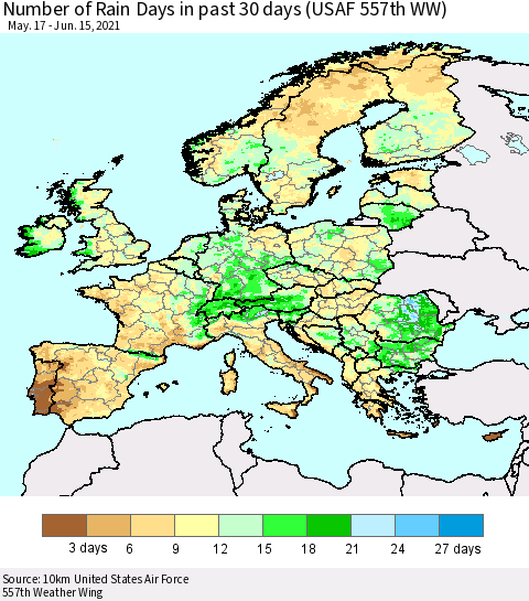 Europe Number of Rain Days in past 30 days (USAF 557th WW) 06/15/2021 Thematic Map For 6/11/2021 - 6/15/2021