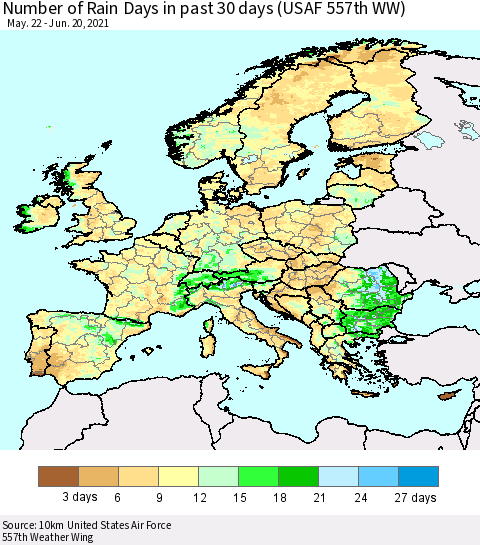 Europe Number of Rain Days in past 30 days (USAF 557th WW) 06/20/2021 Thematic Map For 6/16/2021 - 6/20/2021