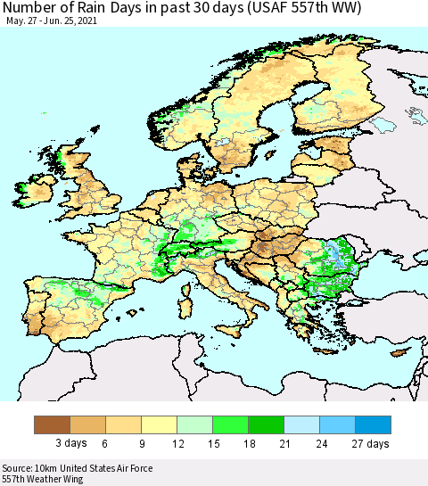 Europe Number of Rain Days in past 30 days (USAF 557th WW) 06/25/2021 Thematic Map For 6/21/2021 - 6/25/2021