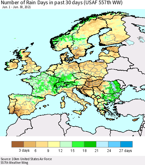 Europe Number of Rain Days in past 30 days (USAF 557th WW) 06/30/2021 Thematic Map For 6/26/2021 - 6/30/2021
