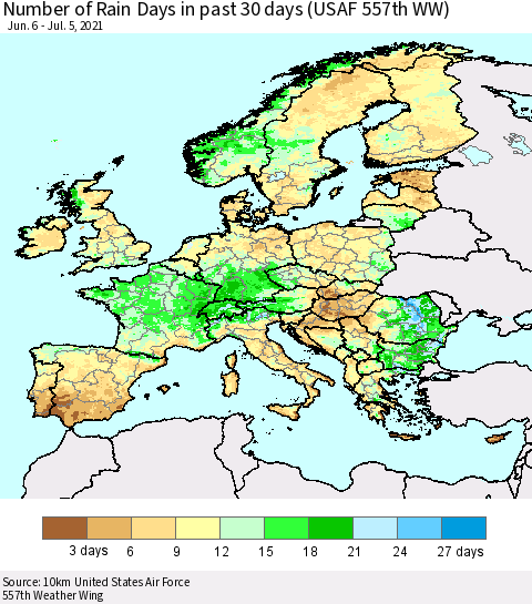 Europe Number of Rain Days in past 30 days (USAF 557th WW) 07/05/2021 Thematic Map For 7/1/2021 - 7/5/2021