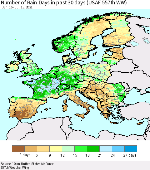 Europe Number of Rain Days in past 30 days (USAF 557th WW) 07/15/2021 Thematic Map For 7/11/2021 - 7/15/2021
