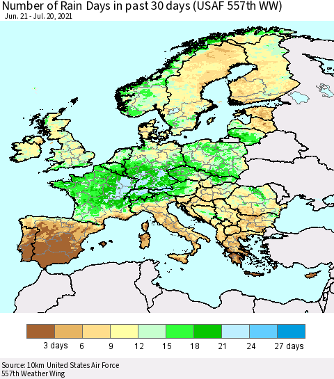Europe Number of Rain Days in past 30 days (USAF 557th WW) 07/20/2021 Thematic Map For 7/16/2021 - 7/20/2021