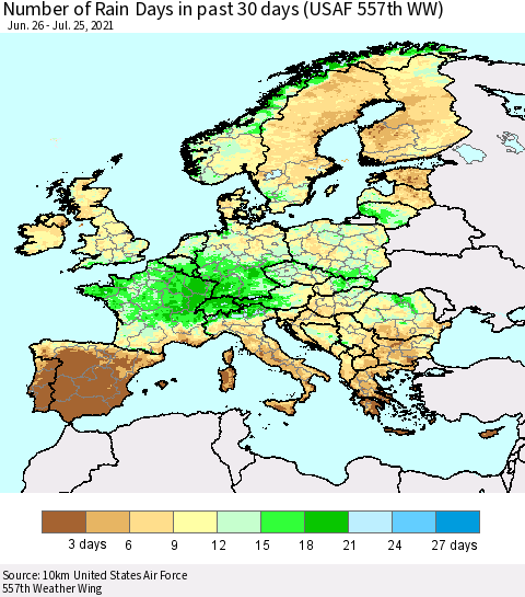 Europe Number of Rain Days in past 30 days (USAF 557th WW) 07/25/2021 Thematic Map For 7/21/2021 - 7/25/2021