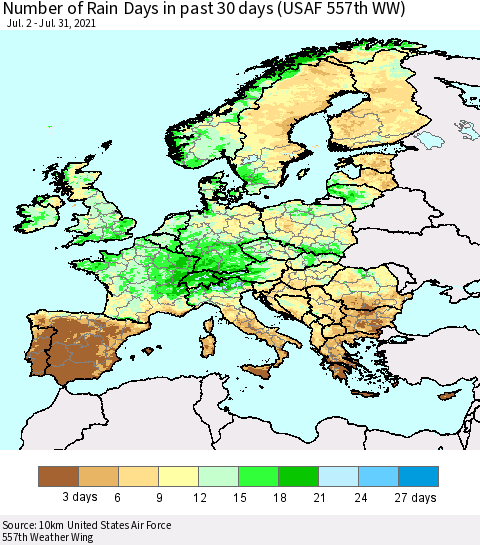 Europe Number of Rain Days in past 30 days (USAF 557th WW) 07/31/2021 Thematic Map For 7/26/2021 - 7/31/2021
