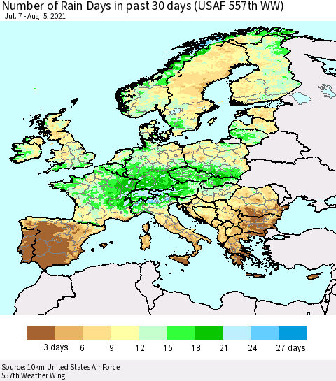 Europe Number of Rain Days in past 30 days (USAF 557th WW) 08/05/2021 Thematic Map For 8/1/2021 - 8/5/2021