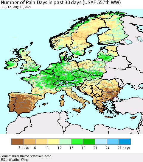 Europe Number of Rain Days in past 30 days (USAF 557th WW) 08/10/2021 Thematic Map For 8/6/2021 - 8/10/2021