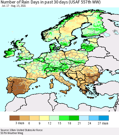 Europe Number of Rain Days in past 30 days (USAF 557th WW) 08/15/2021 Thematic Map For 8/11/2021 - 8/15/2021