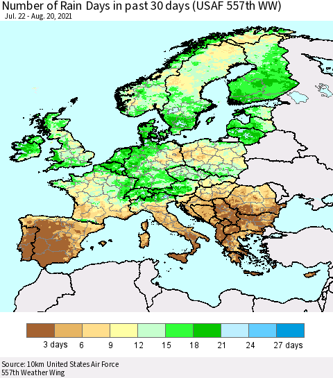 Europe Number of Rain Days in past 30 days (USAF 557th WW) 08/20/2021 Thematic Map For 8/16/2021 - 8/20/2021