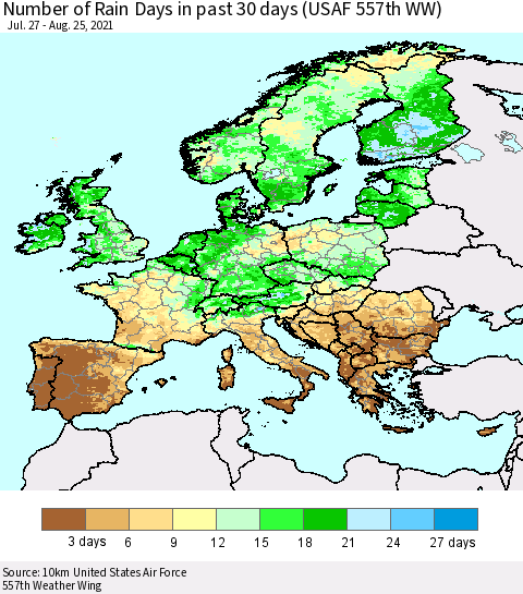 Europe Number of Rain Days in past 30 days (USAF 557th WW) 08/25/2021 Thematic Map For 8/21/2021 - 8/25/2021