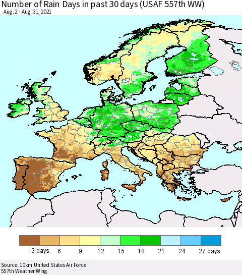Europe Number of Rain Days in past 30 days (USAF 557th WW) 08/31/2021 Thematic Map For 8/26/2021 - 8/31/2021