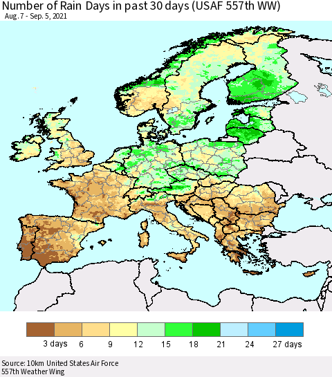 Europe Number of Rain Days in past 30 days (USAF 557th WW) 09/05/2021 Thematic Map For 9/1/2021 - 9/5/2021