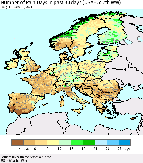 Europe Number of Rain Days in past 30 days (USAF 557th WW) 09/10/2021 Thematic Map For 9/6/2021 - 9/10/2021