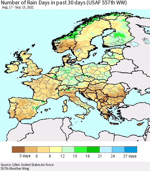 Europe Number of Rain Days in past 30 days (USAF 557th WW) 09/15/2021 Thematic Map For 9/11/2021 - 9/15/2021