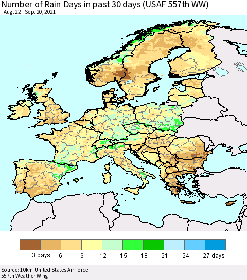 Europe Number of Rain Days in past 30 days (USAF 557th WW) 09/20/2021 Thematic Map For 9/16/2021 - 9/20/2021