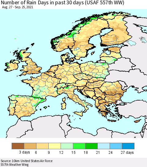 Europe Number of Rain Days in past 30 days (USAF 557th WW) 09/25/2021 Thematic Map For 9/21/2021 - 9/25/2021